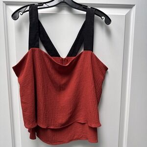 DKNY Sleeveless Blouse Ruffle Top Women's Size XL Black‎ Straps Rust/Orange Airy